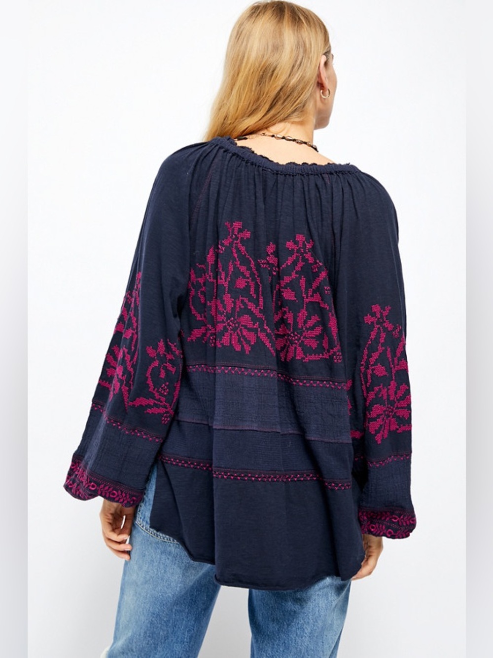 Embroidered V-Neck Peasant Blouse - Navy with Magenta - Picture 2 of 3